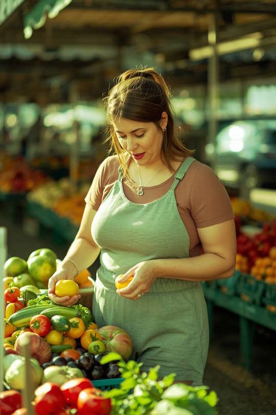 Woman shopping for fresh produce at a farmers market as part of a healthy weight management journey